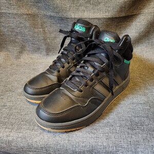 Boys Size 5 Adidas Hoops Black/Green High-Top Lace Up Basketball Shoes